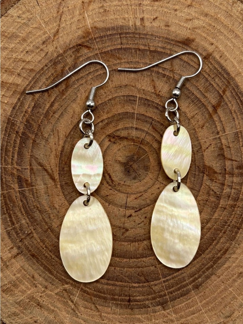 Mother of Pearl Double Oval Drop Earrings - 6.1cm Iridescent Dangle